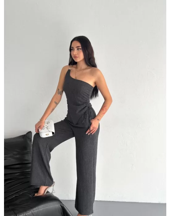 Asimetrik Crop Pantalon Ikili Takım - Füme
