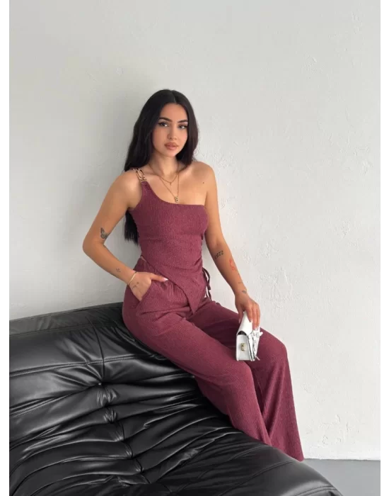 Asimetrik Crop Pantalon Ikili Takım - Gül Kurusu