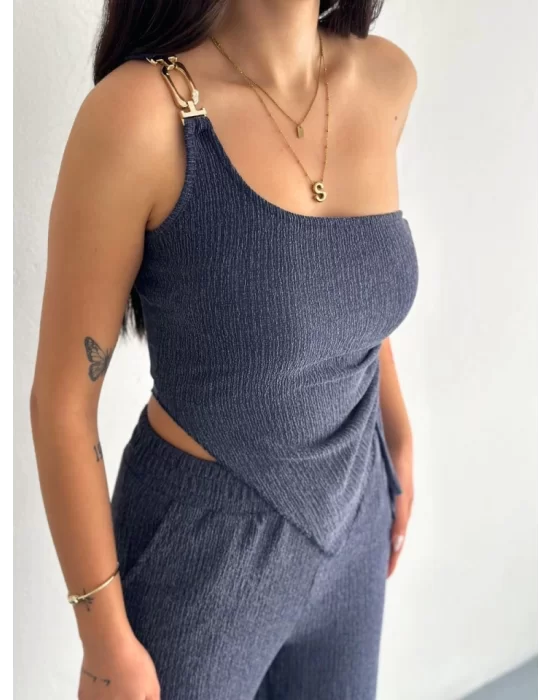 Asimetrik Crop Pantalon Ikili Takım - Lacivert