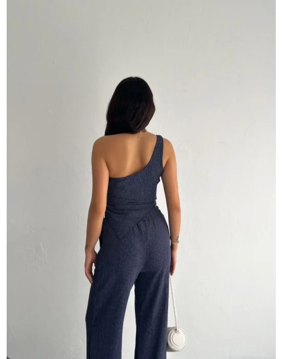 Asimetrik Crop Pantalon Ikili Takım - Lacivert