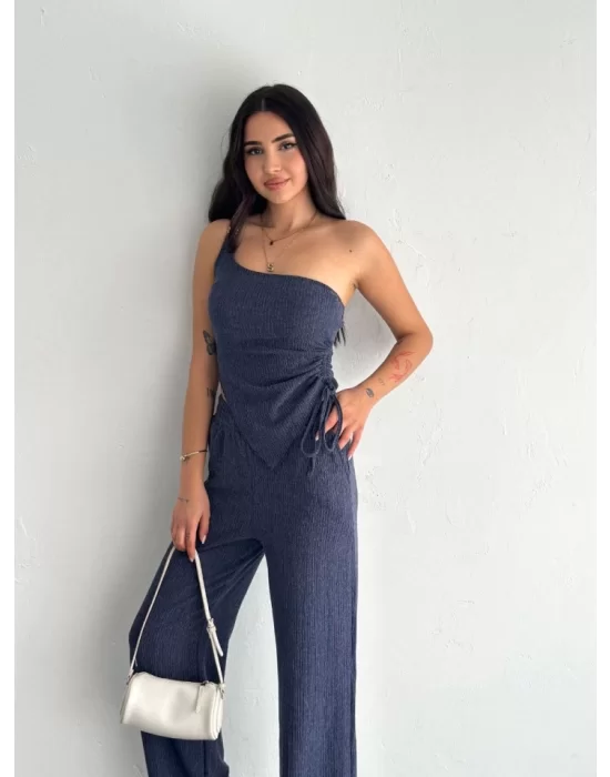 Asimetrik Crop Pantalon Ikili Takım - Lacivert