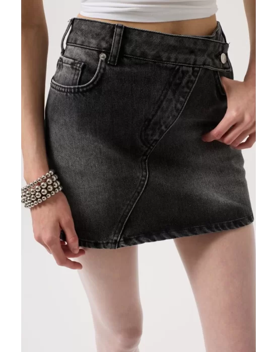 Asimetrik Kemer Denim Mini Etek