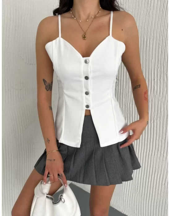 Askılı Dekolte Deraylı Bluz Crop - Beyaz