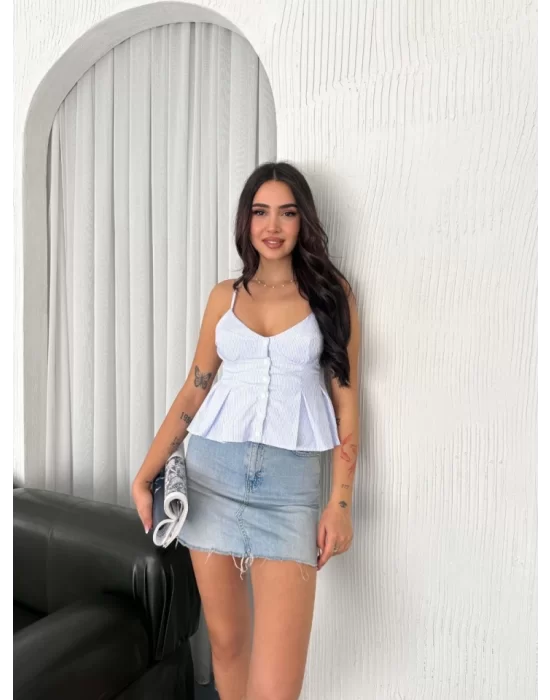 Askılı Dekolte Deraylı Crop - Açık Mavi