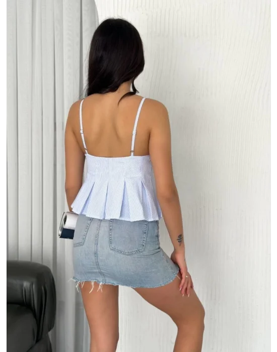 Askılı Dekolte Deraylı Crop - Açık Mavi