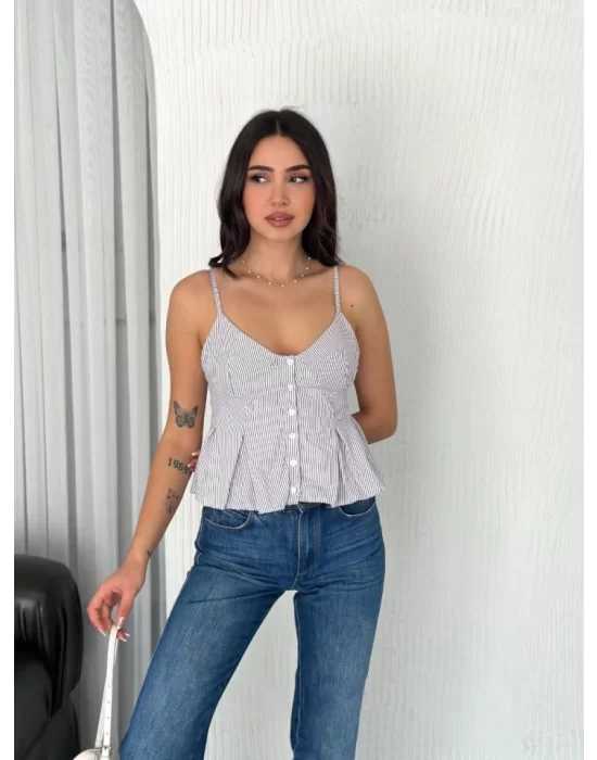 Askılı Dekolte Deraylı Crop - Beyaz