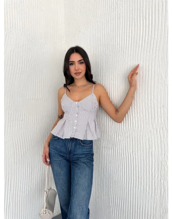 Askılı Dekolte Deraylı Crop - Beyaz