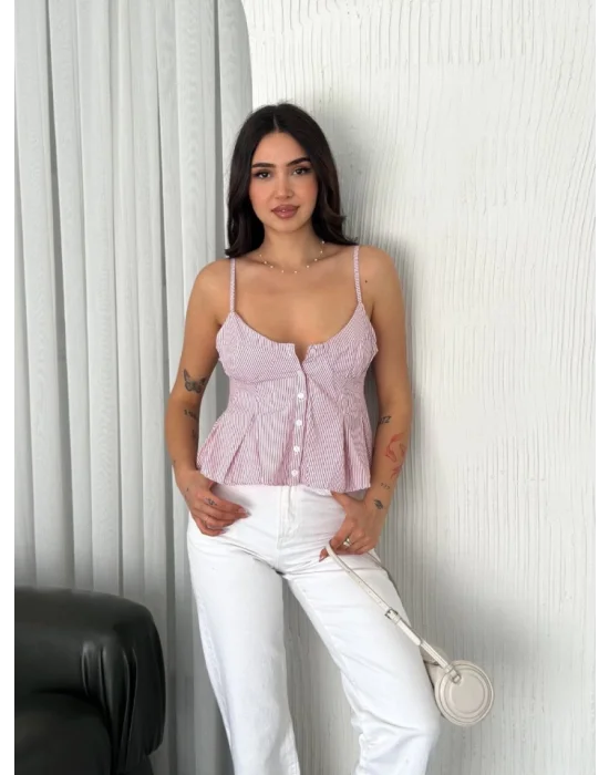 Askılı Dekolte Deraylı Crop - Kırmızı