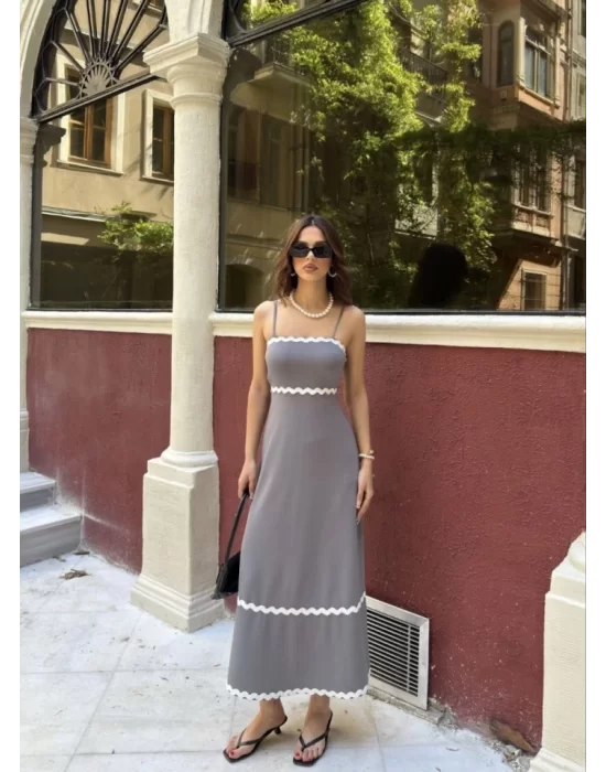 Askılı Uzun Şerit Detaylı Şık Ve Rahat Elbise - Gri