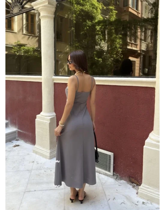 Askılı Uzun Şerit Detaylı Şık Ve Rahat Elbise - Gri
