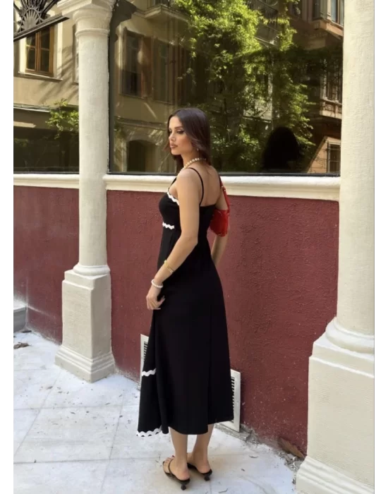 Askılı Uzun Şerit Detaylı Şık Ve Rahat Elbise - Siyah