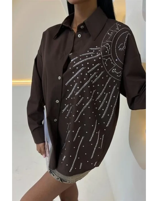 Ay Figürlü Taş İşlemeli Poplin Gömlek 3440