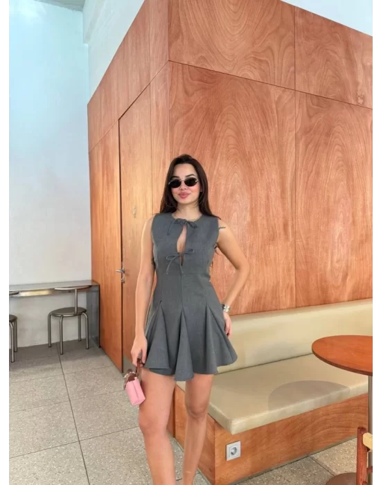 Bağcık Detaylı Kolsuz Mini Elbise - Antrasit
