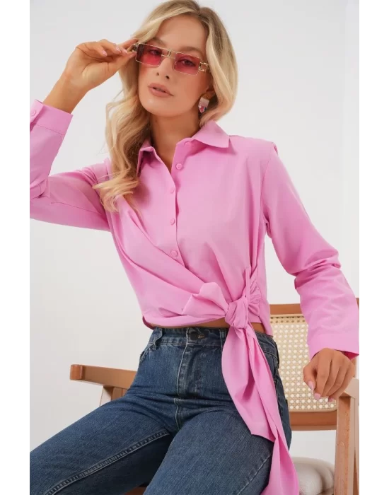 Bağlamalı Uzun Kol Gömlek 20325 - Pembe