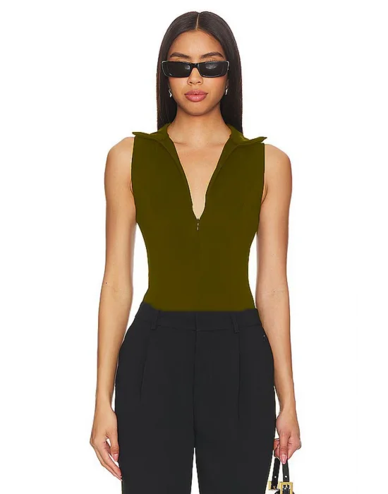 MetuCa Kadın Haki Fermuarlı Polo Yaka Kolsuz Jarse Kumaş Tanga Kesim Bodysuit Zıbın