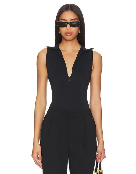 MetuCa Kadın Siyah Fermuarlı Polo Yaka Kolsuz Jarse Kumaş Tanga Kesim Bodysuit Zıbın