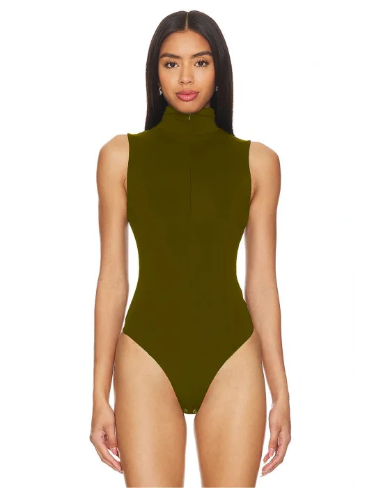 MetuCa Kadın Haki Fermuarlı Polo Yaka Kolsuz Jarse Kumaş Tanga Kesim Bodysuit Zıbın