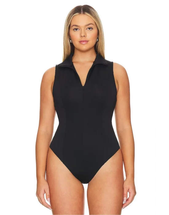 MetuCa Kadın Siyah Fermuarlı Polo Yaka Kolsuz Jarse Kumaş Tanga Kesim Bodysuit Zıbın