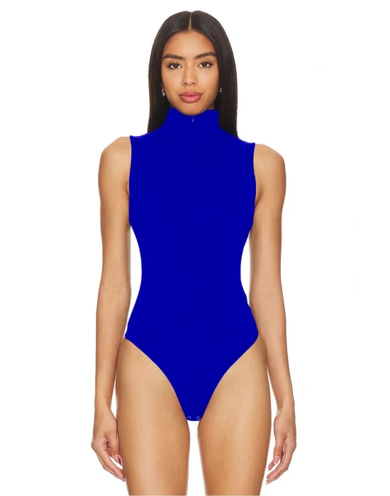 MetuCa Kadın Mavi Fermuarlı Polo Yaka Kolsuz Jarse Kumaş Tanga Kesim Bodysuit Zıbın