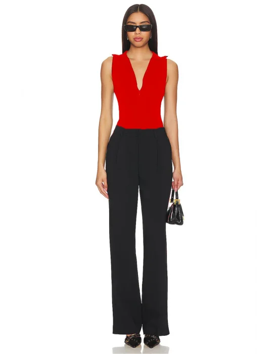 MetuCa Kadın Kırmızı Fermuarlı Polo Yaka Kolsuz Jarse Kumaş Tanga Kesim Bodysuit Zıbın