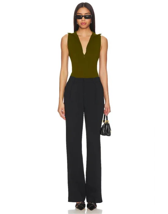 MetuCa Kadın Haki Fermuarlı Polo Yaka Kolsuz Jarse Kumaş Tanga Kesim Bodysuit Zıbın