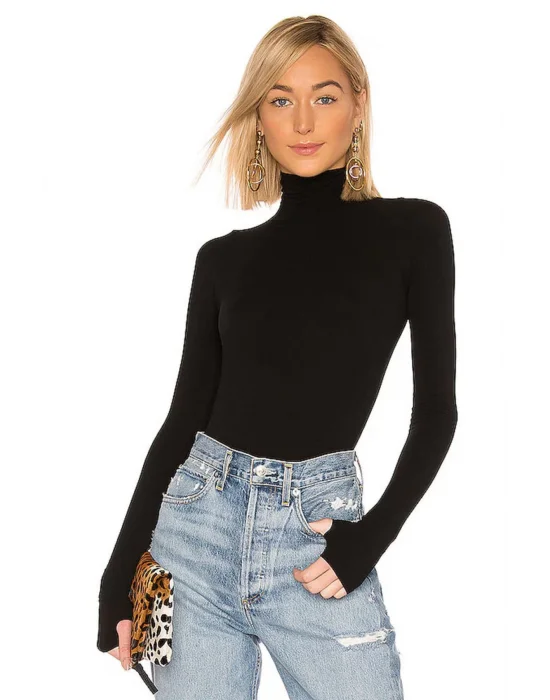 MetuCa Kadın Siyah Balıkçı Yaka Uzun Kollu Parmak Geçmeli Sandy Kumaş Tanga Kesim Bodysuit Zıbın