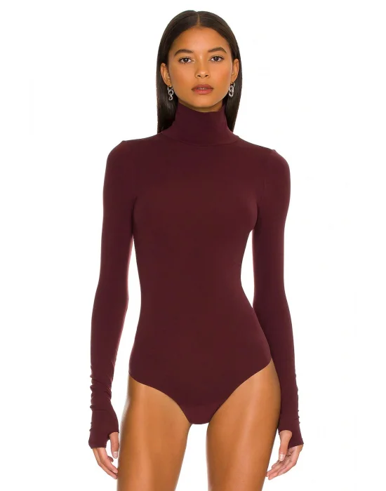 MetuCa Kadın Bordo Balıkçı Yaka Uzun Kollu Parmak Geçmeli Sandy Kumaş Tanga Kesim Bodysuit Zıbın