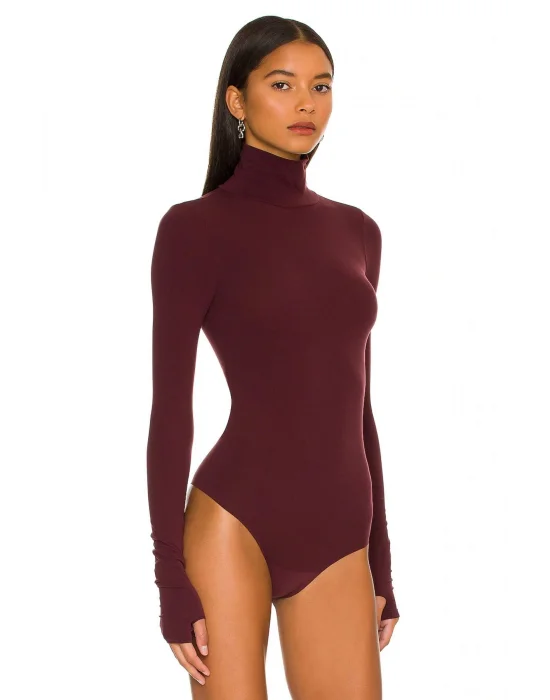 MetuCa Kadın Bordo Balıkçı Yaka Uzun Kollu Parmak Geçmeli Sandy Kumaş Tanga Kesim Bodysuit Zıbın