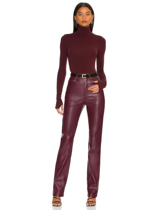 MetuCa Kadın Bordo Balıkçı Yaka Uzun Kollu Parmak Geçmeli Sandy Kumaş Tanga Kesim Bodysuit Zıbın