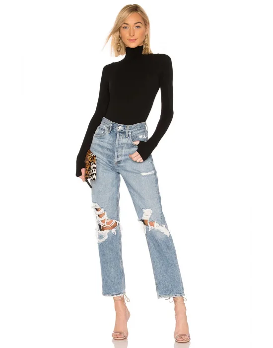 MetuCa Kadın Siyah Balıkçı Yaka Uzun Kollu Parmak Geçmeli Sandy Kumaş Tanga Kesim Bodysuit Zıbın