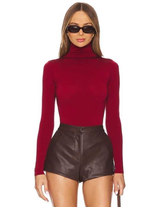 MetuCa Kadın Bordo Balıkçı Yaka Uzun Kollu İpek Jarse Kumaş Tanga Kesim Bodysuit Zıbın