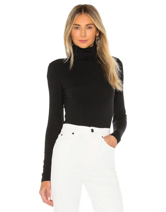 MetuCa Kadın Siyah Balıkçı Yaka Uzun Kollu İpek Jarse Kumaş Tanga Kesim Bodysuit Zıbın