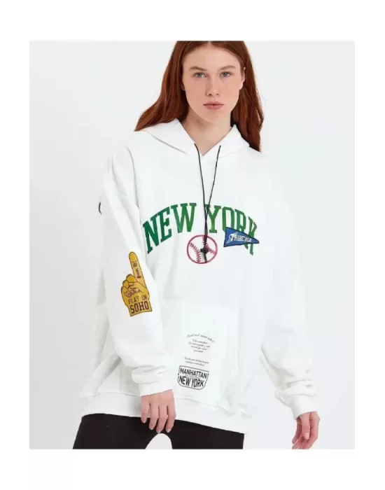 Baskılı Kapüşonlu Sweatshirt - Beyaz