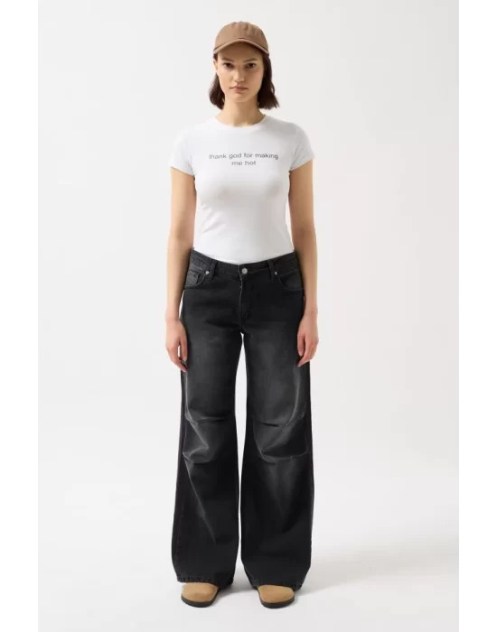 Baskılı Likralı Crop T-Shirt