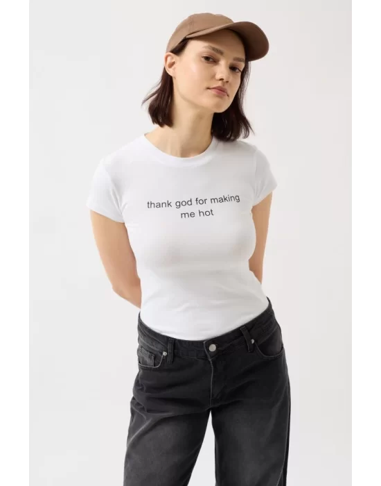 Baskılı Likralı Crop T-Shirt