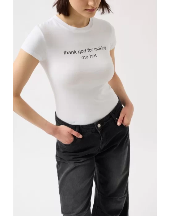 Baskılı Likralı Crop T-Shirt