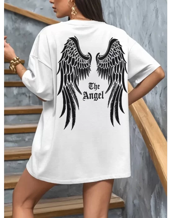 Baskılı Oversize Bisiklet Yaka T-shirt - Beyaz