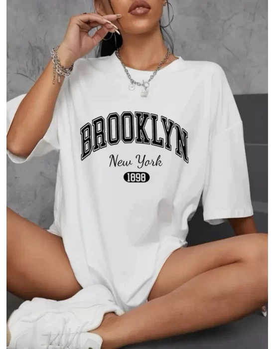 Baskılı Oversize Bisiklet Yaka T-shirt - Beyaz