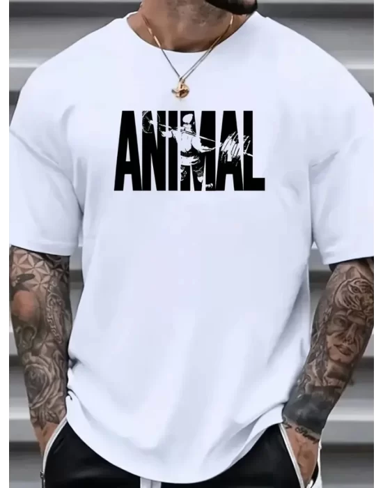 Baskılı Oversize Bisiklet Yaka T-shirt - Beyaz