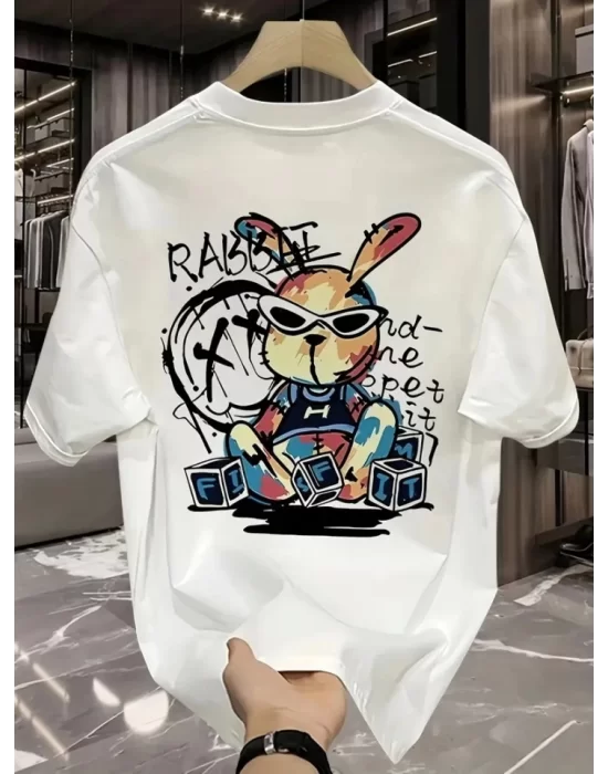 Baskılı Oversize Bisiklet Yaka T-shirt - Beyaz