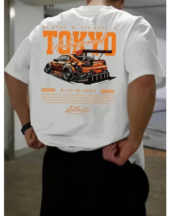 Baskılı Oversize Bisiklet Yaka T-shirt - Beyaz