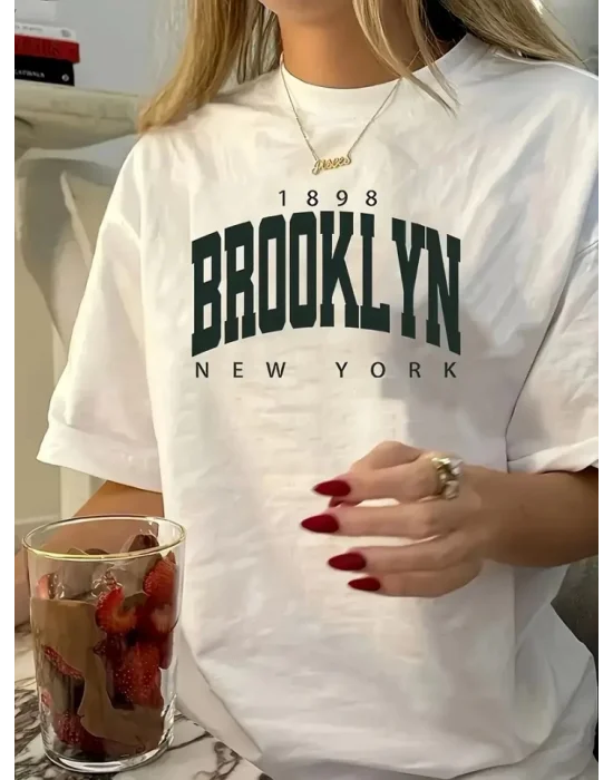 Baskılı Oversize Bisiklet Yaka T-shirt - Beyaz
