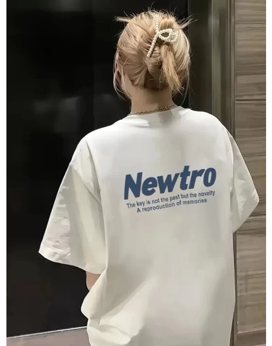 Baskılı Oversize Bisiklet Yaka T-shirt - Beyaz
