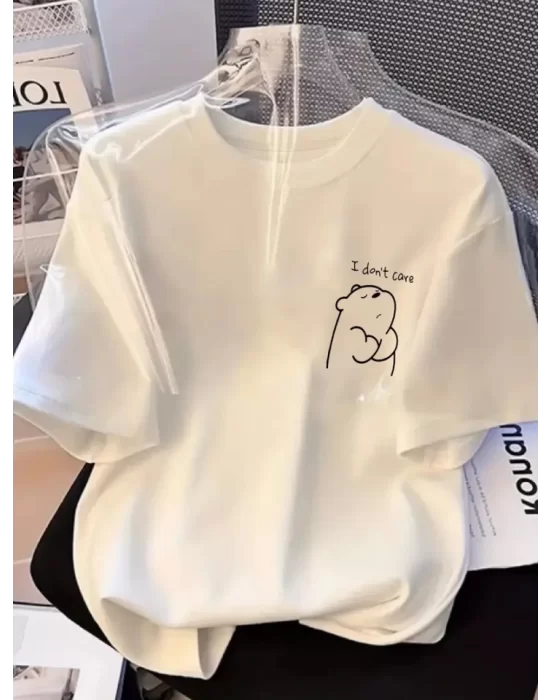 Baskılı Oversize Bisiklet Yaka T-shirt - Beyaz