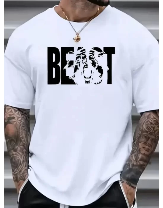 Baskılı Oversize Bisiklet Yaka T-shirt - Beyaz