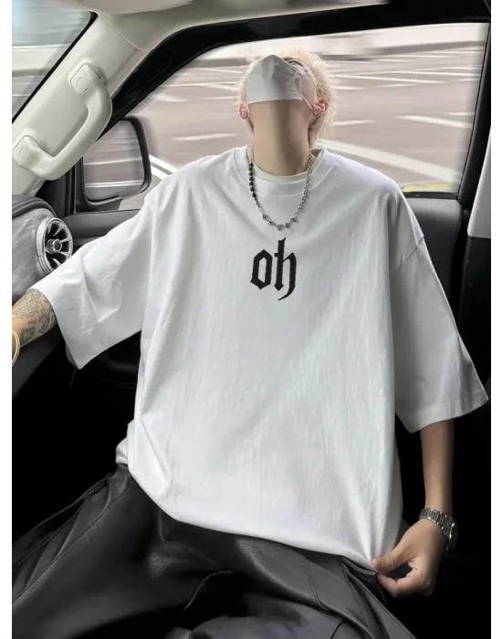 Baskılı Oversize Bisiklet Yaka T-shirt - Beyaz