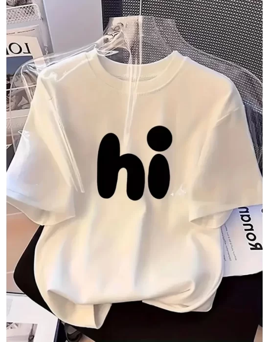 Baskılı Oversize Bisiklet Yaka T-shirt - Beyaz