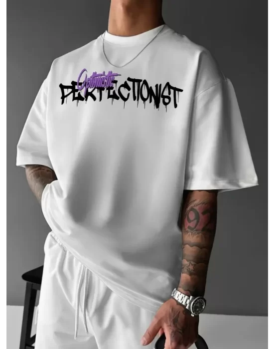 Baskılı Oversize Bisiklet Yaka T-shirt - Beyaz