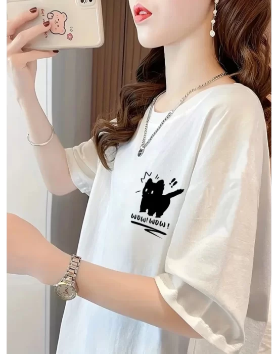 Baskılı Oversize Bisiklet Yaka T-shirt - Beyaz