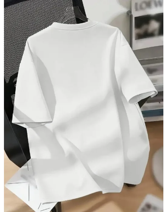 Baskılı Oversize Bisiklet Yaka T-shirt - Beyaz
